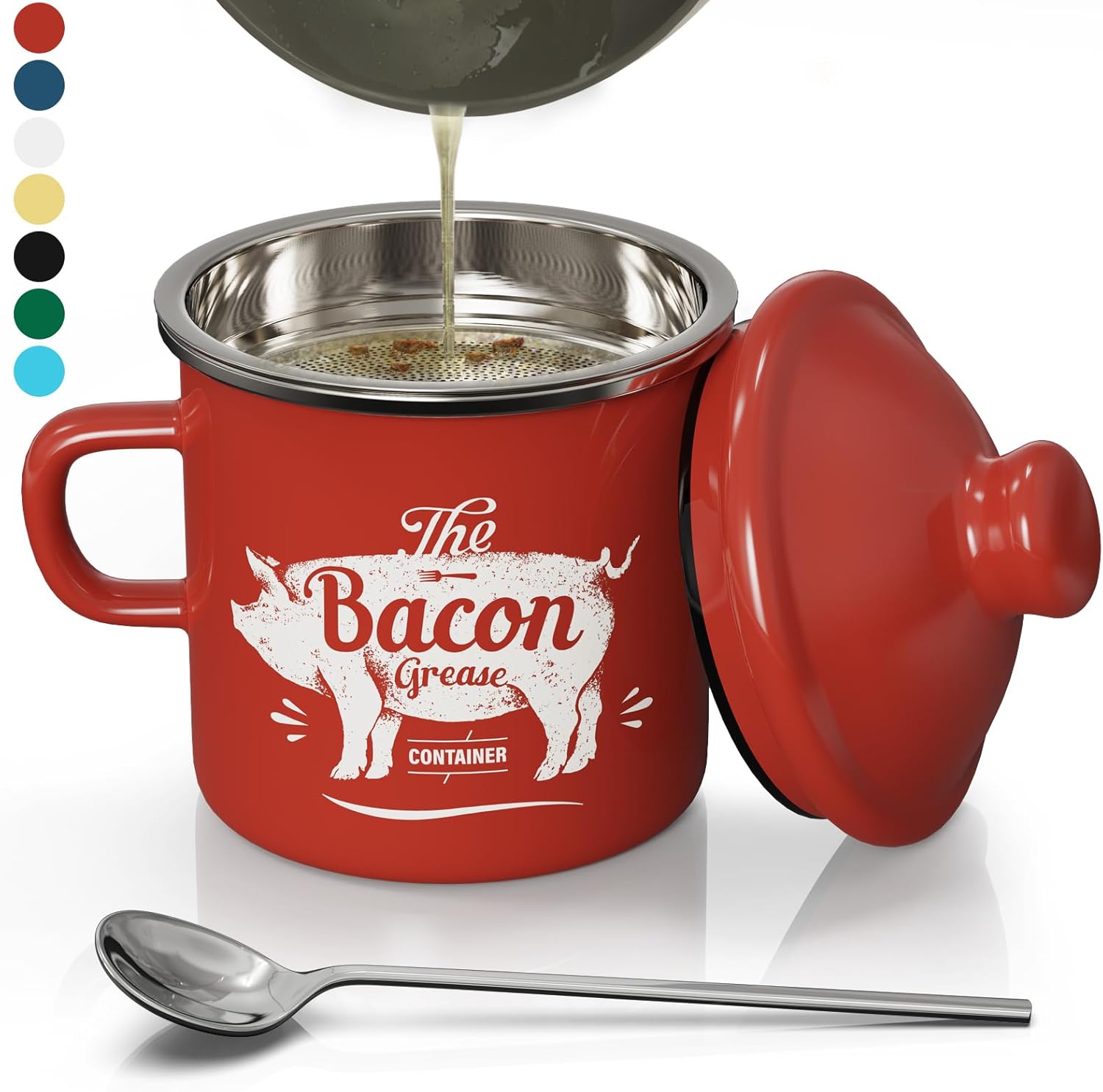 15OZ Enamel Bacon Grease Container with Strainer - Farmhouse Red Oil Keeper